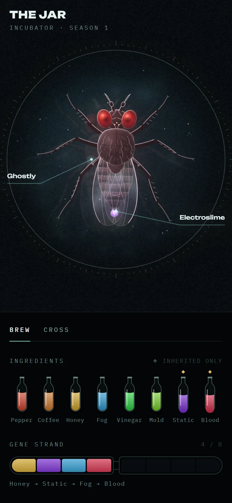 The LAB incubator on a phone: your fly under the lens with its traits called out, the eight ingredients, the gene strand